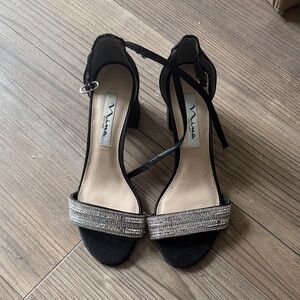 Nina Black Ankle-Strap Heels with Silver Crystal Bands